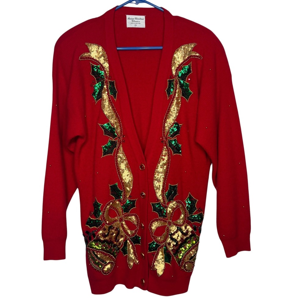 Marisa Christina Classics Christmas Bell Sequin Cardigan Women M Red Sweater VTG - Picture 12 of 13